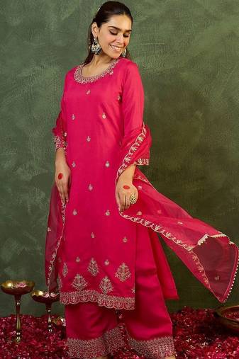 Women Ethnic Motifs Embroidered Regular Thread Work Kurta with Palazzos & With Dupatta