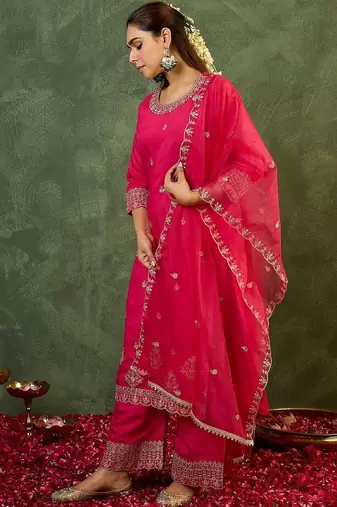 Women Ethnic Motifs Embroidered Regular Thread Work Kurta with Palazzos & With Dupatta