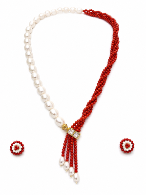 Pearl and red coral bead necklace and earrings jewellery set 2