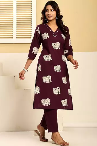 Women Ethnic Motifs Printed Regular Thread Work Pure Cotton Kurta with Trousers