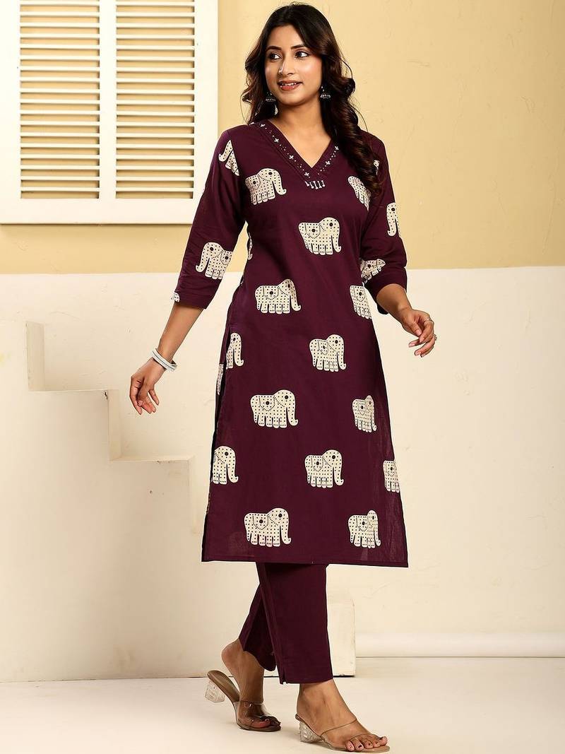 Women Ethnic Motifs Printed Regular Thread Work Pure Cotton Kurta with Trousers