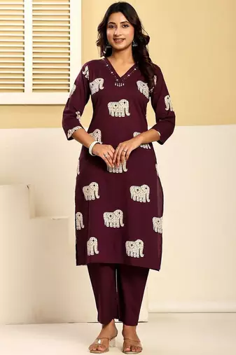 Women Ethnic Motifs Printed Regular Thread Work Pure Cotton Kurta with Trousers
