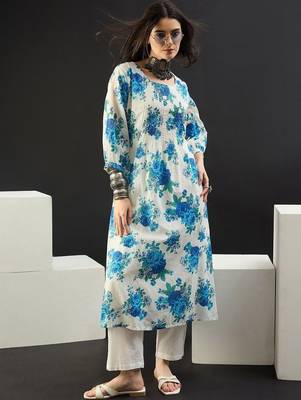Women Floral Printed Pleated Pure Cotton Kurta with Trousers 1