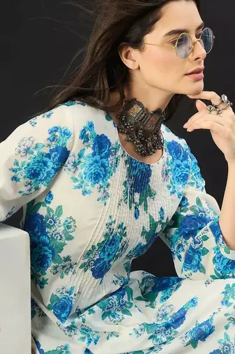Women Floral Printed Pleated Pure Cotton Kurta with Trousers