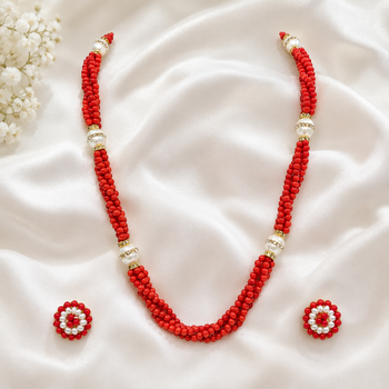 Red coral bead multi-strand necklace and earrings jewellery set 1