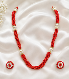 Red coral bead multi-strand necklace and earrings jewellery set