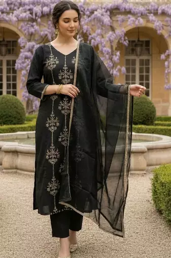 Women Ethnic Motifs Embroidered Regular Thread Work Liva Kurta with Trousers & With Dupatta