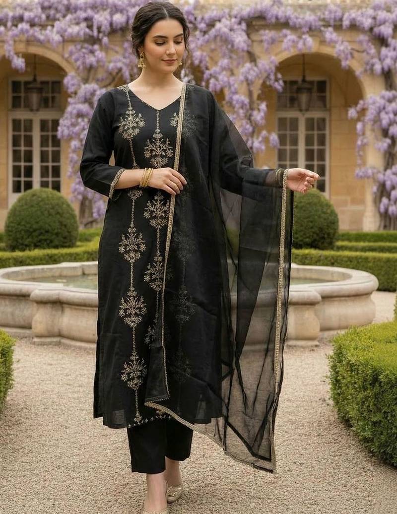 Women Ethnic Motifs Embroidered Regular Thread Work Liva Kurta with Trousers & With Dupatta