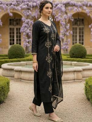 Women Ethnic Motifs Embroidered Regular Thread Work Liva Kurta with Trousers & With Dupatta 3