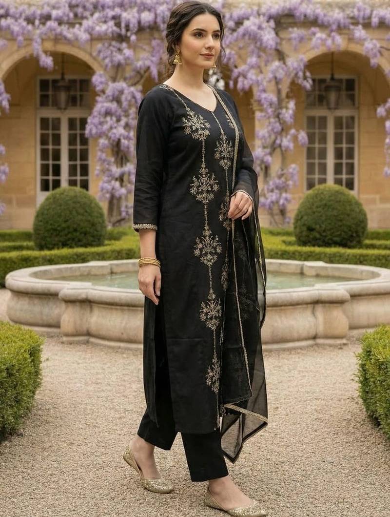 Women Ethnic Motifs Embroidered Regular Thread Work Liva Kurta with Trousers & With Dupatta