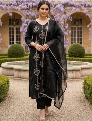 Women Ethnic Motifs Embroidered Regular Thread Work Liva Kurta with Trousers & With Dupatta 4