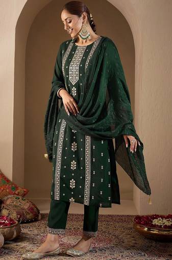 Ethnic Motifs Embroidered Regular Thread Work Kurta with Trousers & With Dupatta