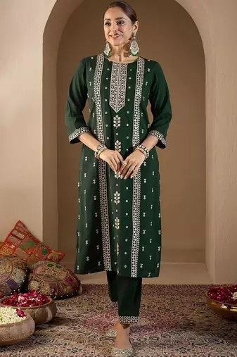 Ethnic Motifs Embroidered Regular Thread Work Kurta with Trousers & With Dupatta