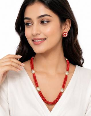 Red coral bead multi-strand necklace and earrings jewellery set 2