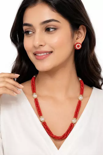 Red coral bead multi-strand necklace and earrings jewellery set
