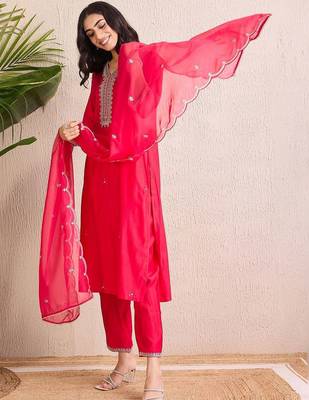 Women Ethnic Motifs Embroidered Regular Thread Work Liva Kurta with Trousers & With Dupatta 2