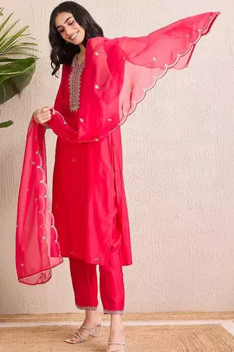 Women Ethnic Motifs Embroidered Regular Thread Work Liva Kurta with Trousers & With Dupatta