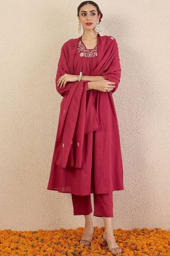 Women Ethnic Motifs Embroidered Panelled Thread Work Pure Cotton Kurta with Trousers & With Dupatta