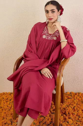Women Ethnic Motifs Embroidered Panelled Thread Work Pure Cotton Kurta with Trousers & With Dupatta