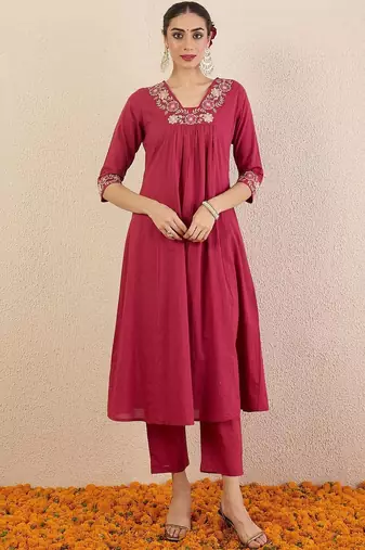 Women Ethnic Motifs Embroidered Panelled Thread Work Pure Cotton Kurta with Trousers & With Dupatta