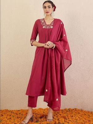 Women Ethnic Motifs Embroidered Panelled Thread Work Pure Cotton Kurta with Trousers & With Dupatta 5