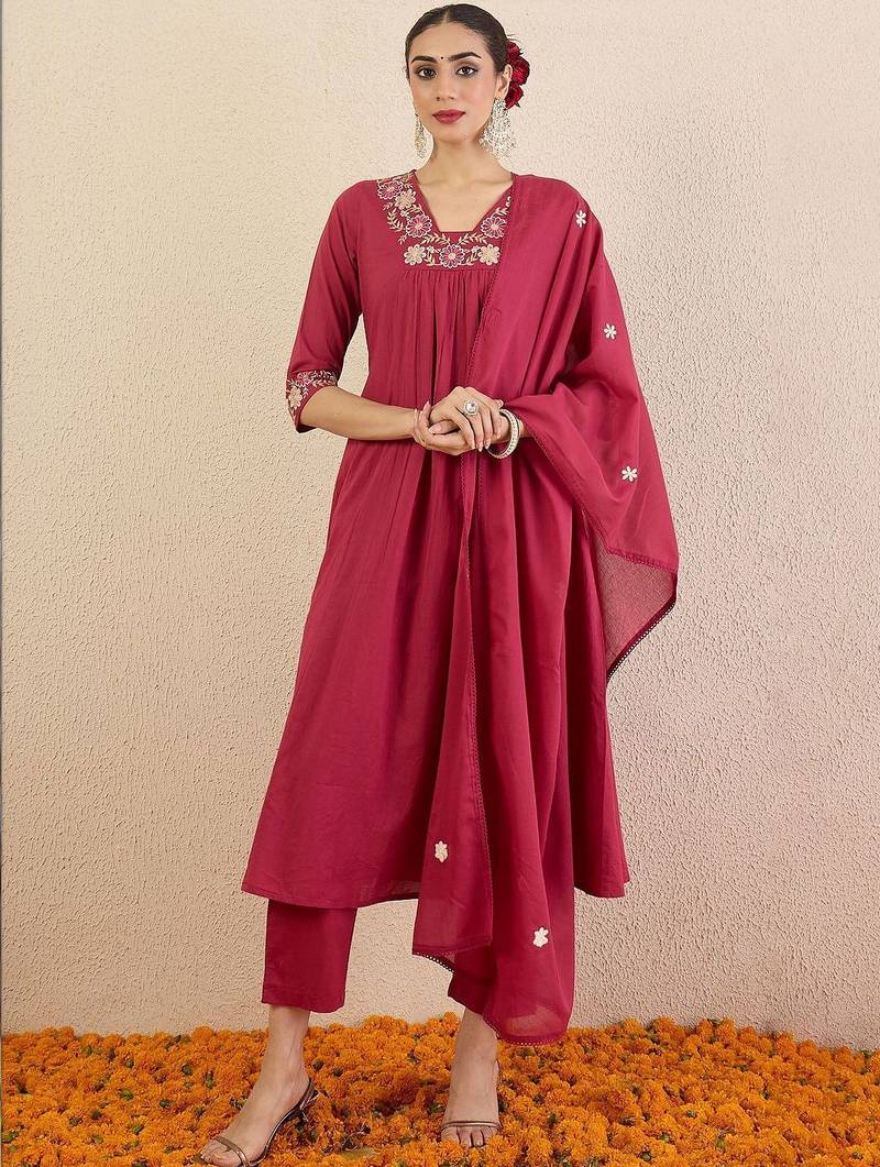 Women Ethnic Motifs Embroidered Panelled Thread Work Pure Cotton Kurta with Trousers & With Dupatta