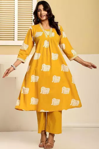 Women Ethnic Motifs Printed Regular Thread Work Pure Cotton Kurta with Trousers