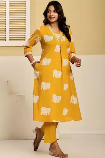 Women Ethnic Motifs Printed Regular Thread Work Pure Cotton Kurta with Trousers