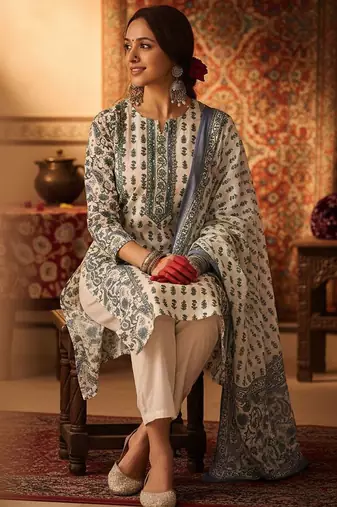 Women Ethnic Motifs Printed Regular Pure Cotton Kurta with Trousers & With Dupatta