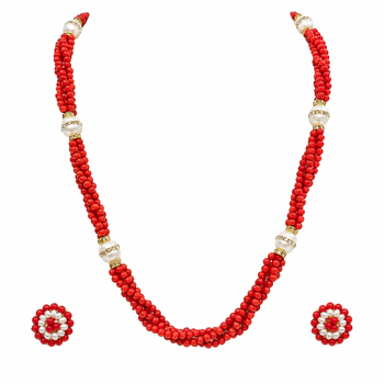 Red coral bead multi-strand necklace and earrings jewellery set 3