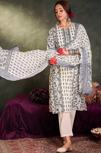 Women Ethnic Motifs Printed Regular Pure Cotton Kurta with Trousers & With Dupatta