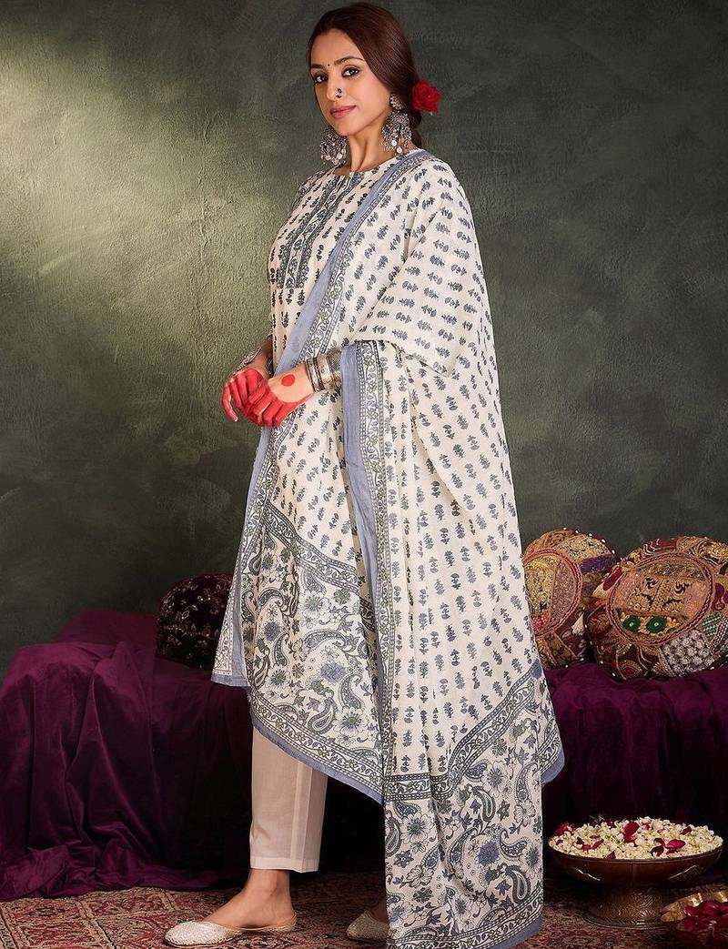 Women Ethnic Motifs Printed Regular Pure Cotton Kurta with Trousers & With Dupatta
