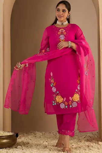 Women Floral Embroidered Regular Thread Work Kurta with Trousers & With Dupatta