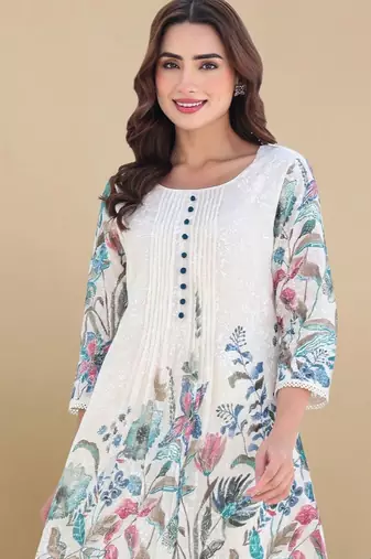 Women Floral Printed Panelled Thread Work Pure Cotton Kurta with Trousers