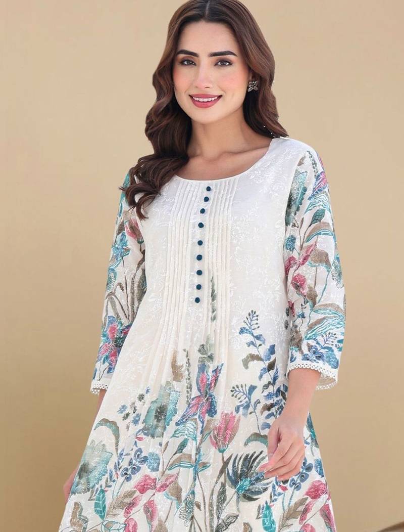 Women Floral Printed Panelled Thread Work Pure Cotton Kurta with Trousers