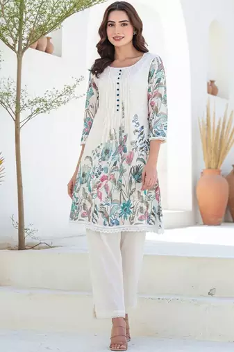 Women Floral Printed Panelled Thread Work Pure Cotton Kurta with Trousers