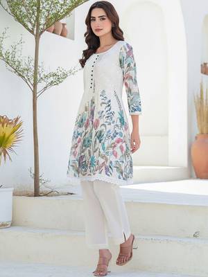 Women Floral Printed Panelled Thread Work Pure Cotton Kurta with Trousers 5
