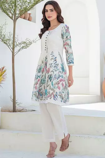 Women Floral Printed Panelled Thread Work Pure Cotton Kurta with Trousers