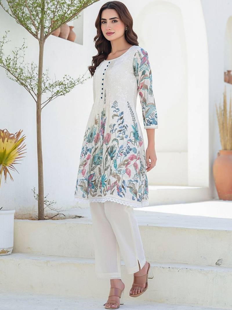 Women Floral Printed Panelled Thread Work Pure Cotton Kurta with Trousers