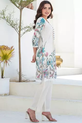 Women Floral Printed Panelled Thread Work Pure Cotton Kurta with Trousers