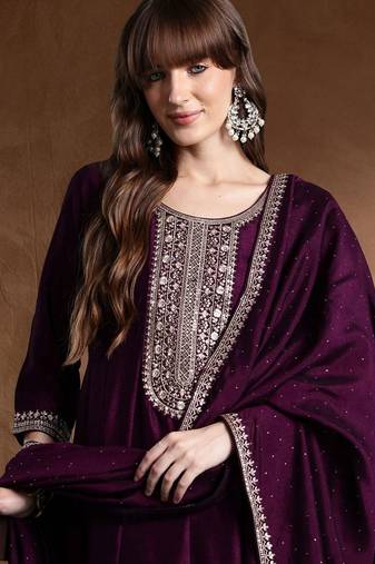 Women Ethnic Motifs Embroidered Panelled Thread Work Kurta with Trousers & With Dupatta