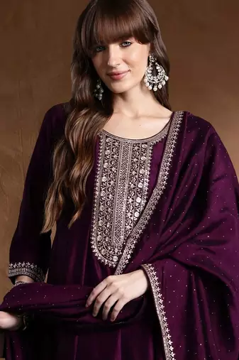 Women Ethnic Motifs Embroidered Panelled Thread Work Kurta with Trousers & With Dupatta