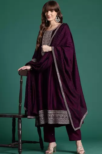 Women Ethnic Motifs Embroidered Panelled Thread Work Kurta with Trousers & With Dupatta