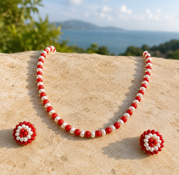 Red coral and pearl beaded necklace and earrings jewellery set 1