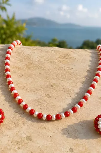 Red coral and pearl beaded necklace and earrings jewellery set