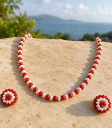 Red coral and pearl beaded necklace and earrings jewellery set