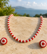 Red coral and pearl beaded necklace and earrings jewellery set