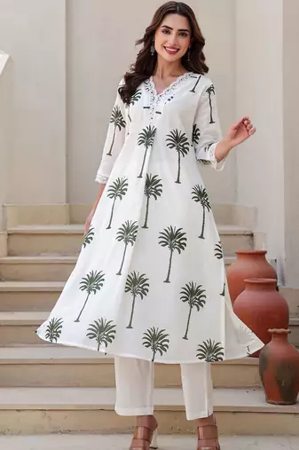 Women Ethnic Motifs Printed Regular Thread Work Pure Cotton Kurta with Trousers