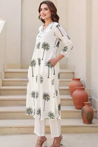 Women Ethnic Motifs Printed Regular Thread Work Pure Cotton Kurta with Trousers