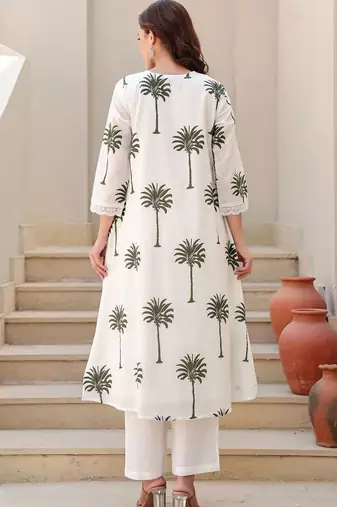 Women Ethnic Motifs Printed Regular Thread Work Pure Cotton Kurta with Trousers